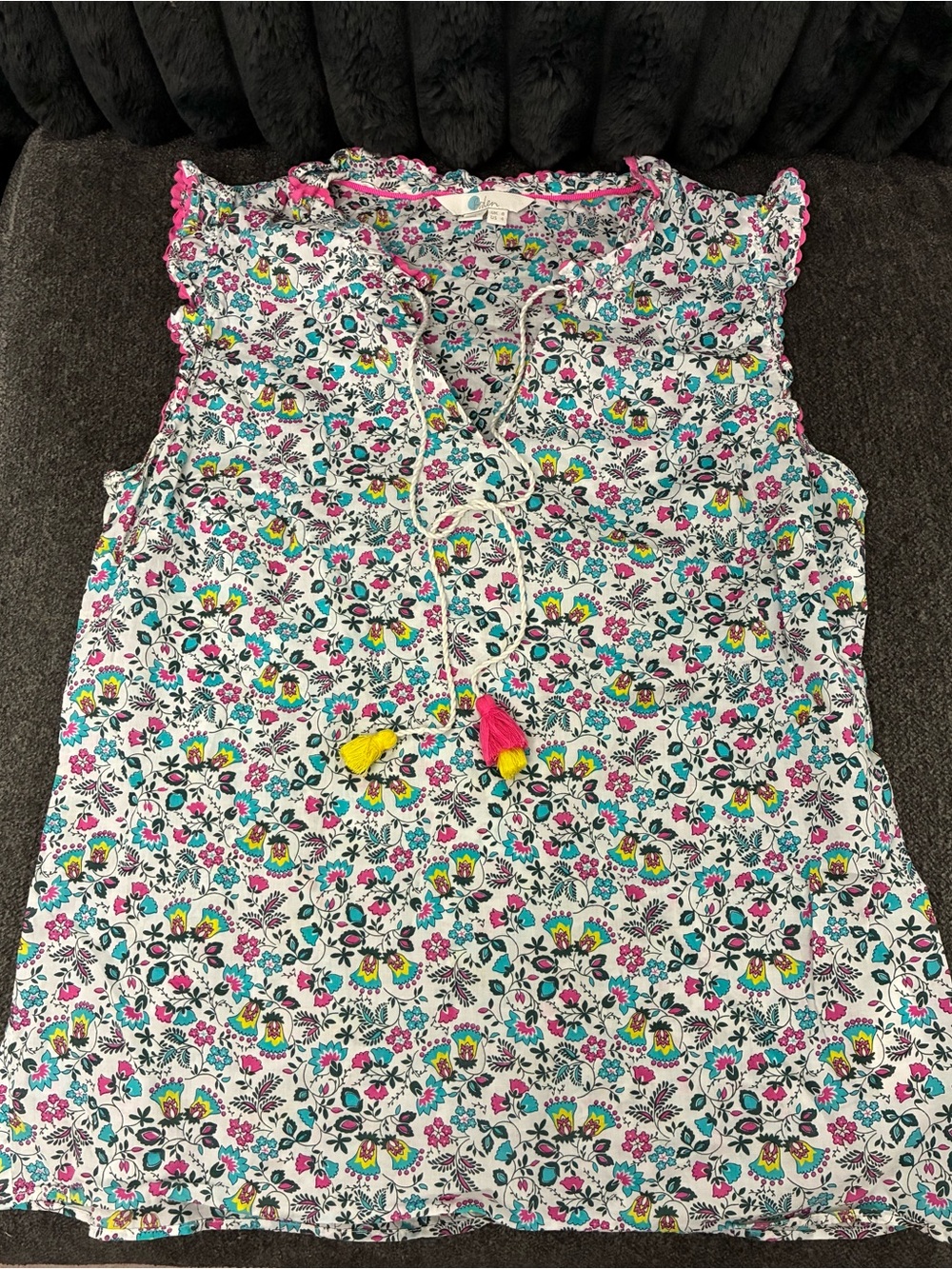 Boden Floral Tassel Tie Sleeveless Blouse in White, Pink, Yellow, Teal